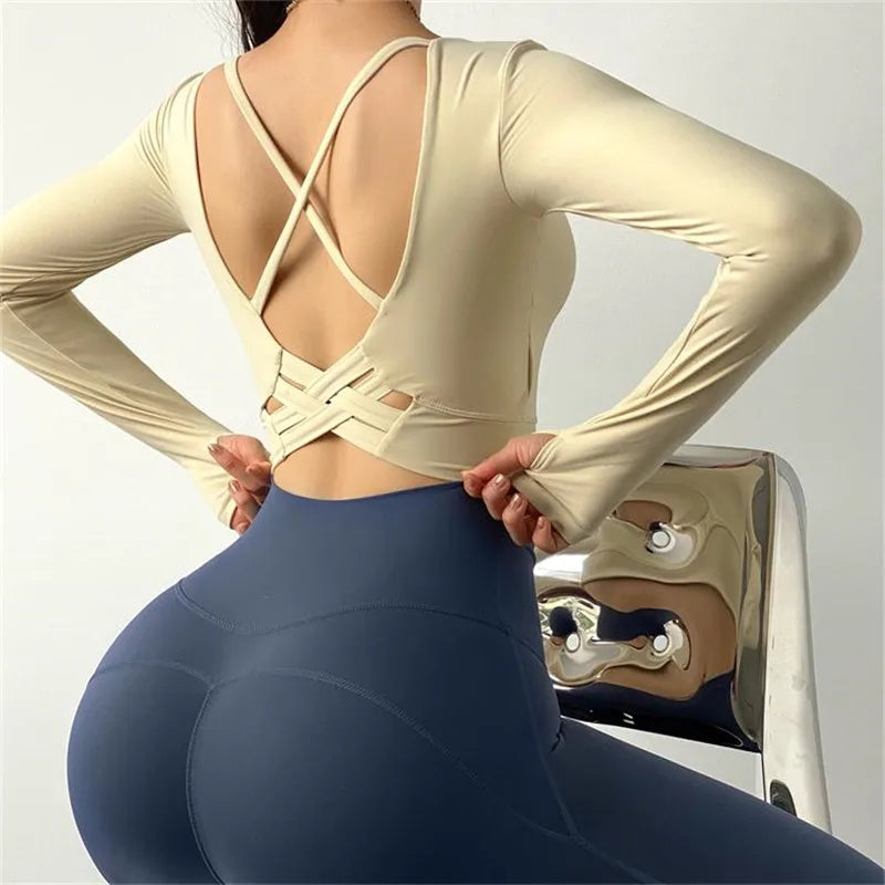 Women Sexy Back Long Sleeve Yoga Top