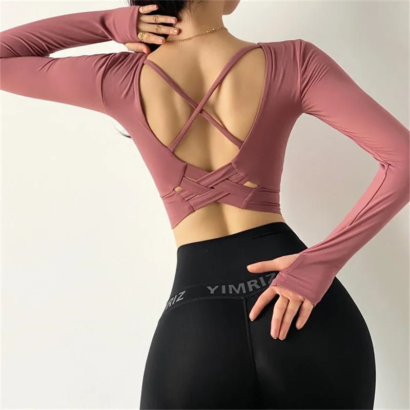 Women Sexy Back Long Sleeve Yoga Top