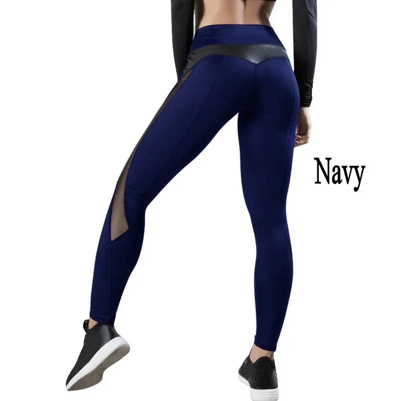 Female Sexy Mesh PU Stitching Hip Yoga Leggings