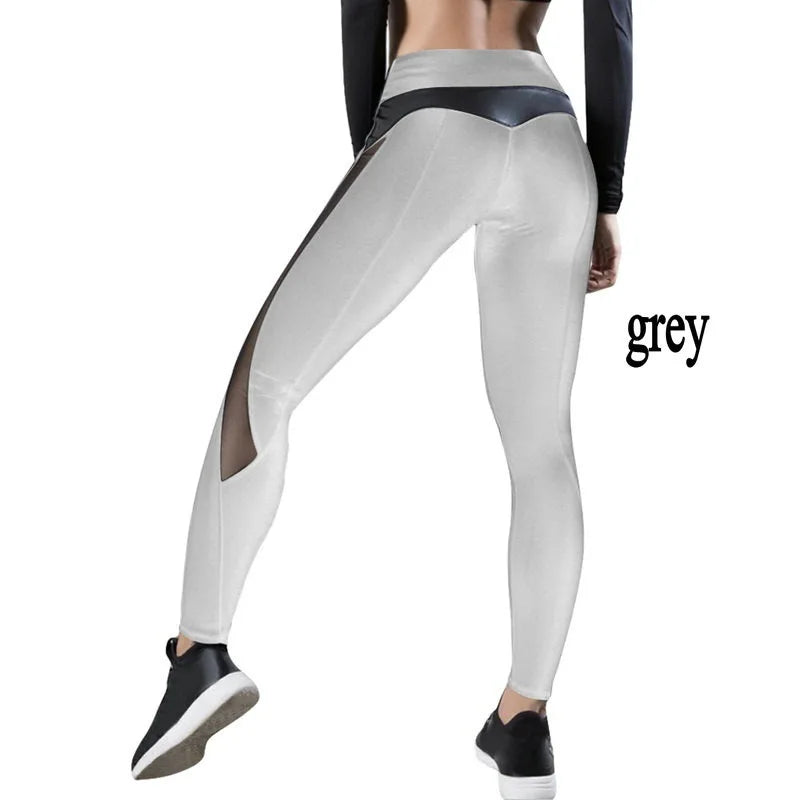 Female Sexy Mesh PU Stitching Hip Yoga Leggings