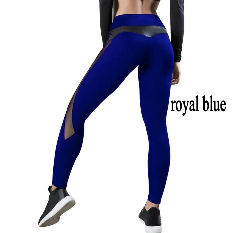 Female Sexy Mesh PU Stitching Hip Yoga Leggings