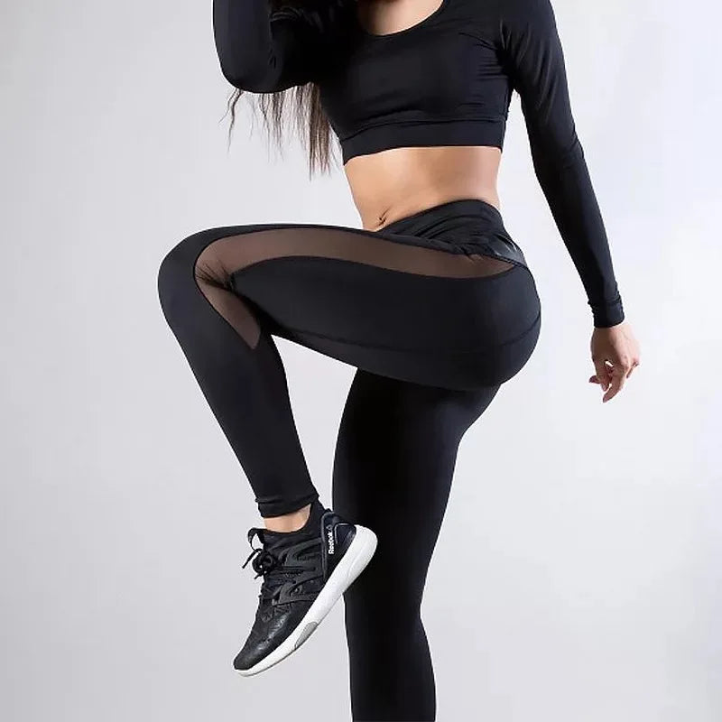 Female Sexy Mesh PU Stitching Hip Yoga Leggings