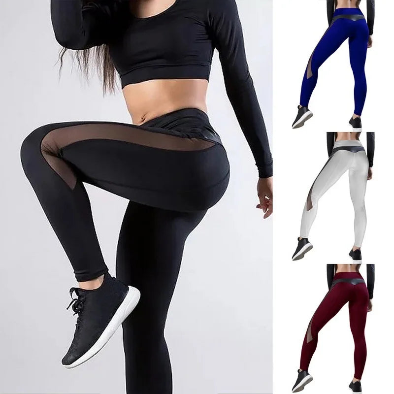 Female Sexy Mesh PU Stitching Hip Yoga Leggings