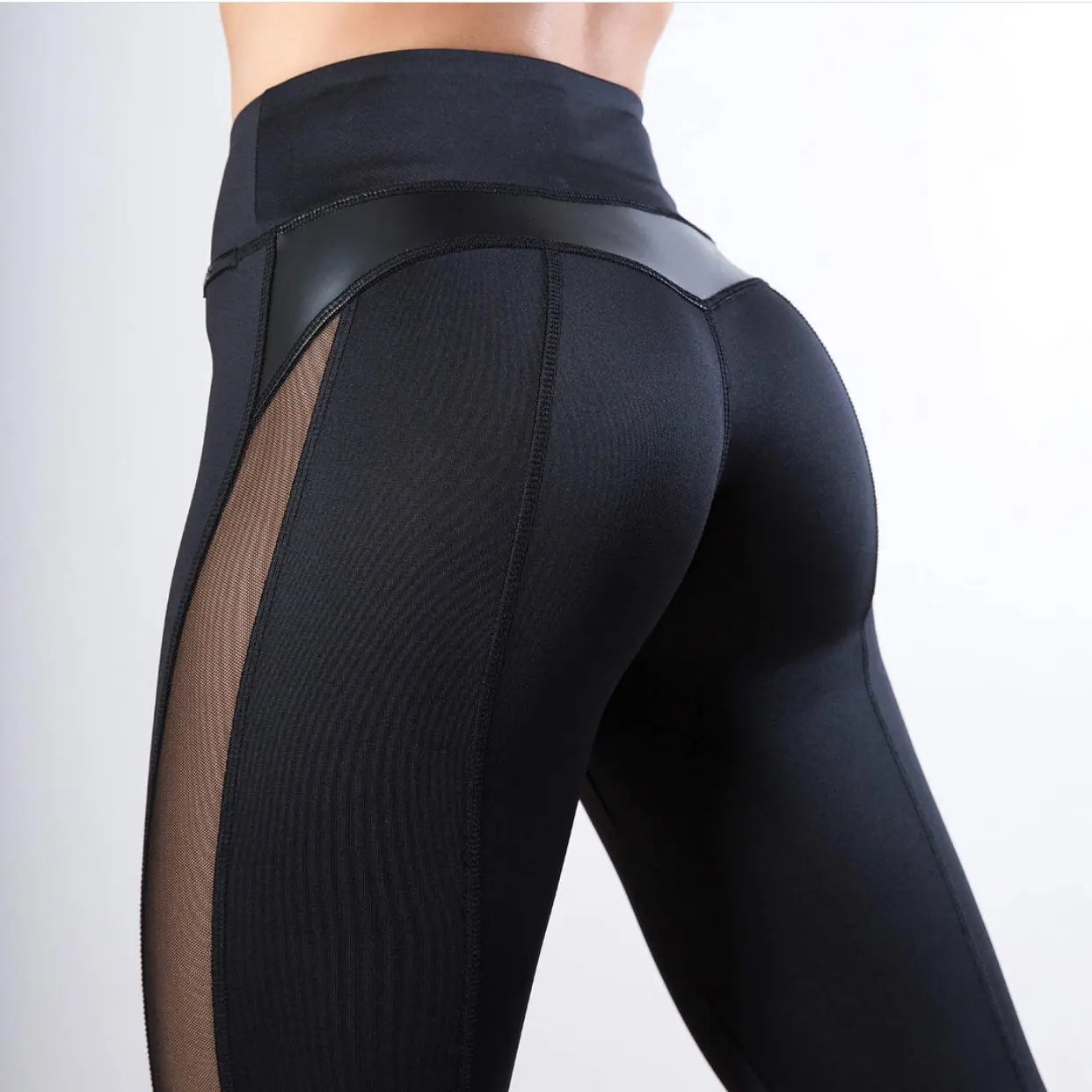 Female Sexy Mesh PU Stitching Hip Yoga Leggings