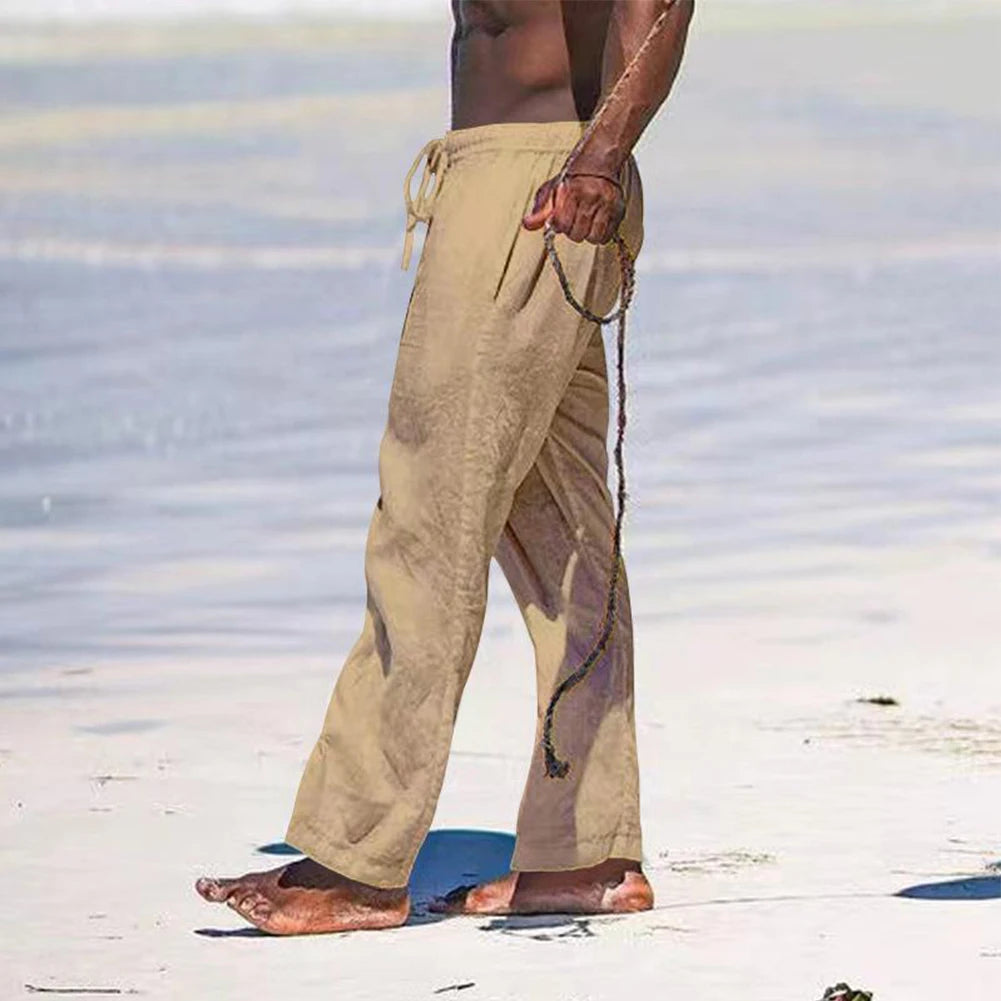 Mens Linen Beach Loose Straight Yoga Pants